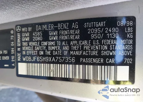 1999 Mercedes-Benz E 320 z USA, uszkodzony, nr VIN WDBJF65H9XA757356